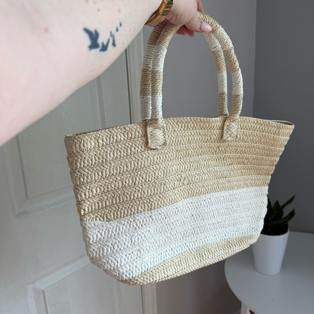 Natural straw beach tote bag with cream stripe